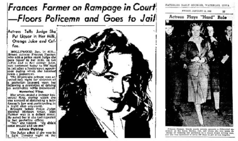 Articolo di giornale sull'arresto di Frances Farmer